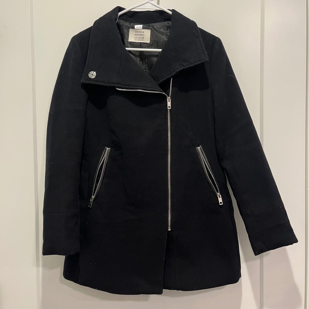 Bershka Womens Black Asymmetric Zip Moto Coat Jacket Size Small 6318/200/800